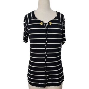 Olivia Blu Shirt Top Comfy Soft Women sz Large Black White Striped Cold Shoulder